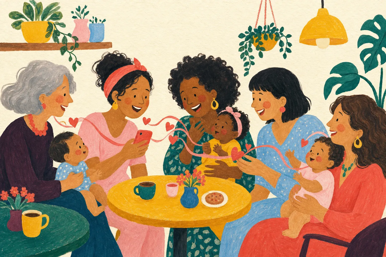 Pintura de mães e avós reunidas em volta de uma mesa com bebês no colo, ligadas por uma fita coral que sai de um celular