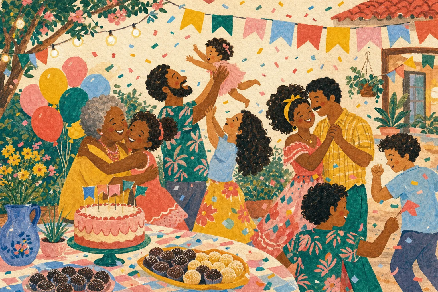 Pintura de uma festa no quintal: a família dança, o pai levanta a bebê, a avó abraça a neta, bolo e bandeirinhas