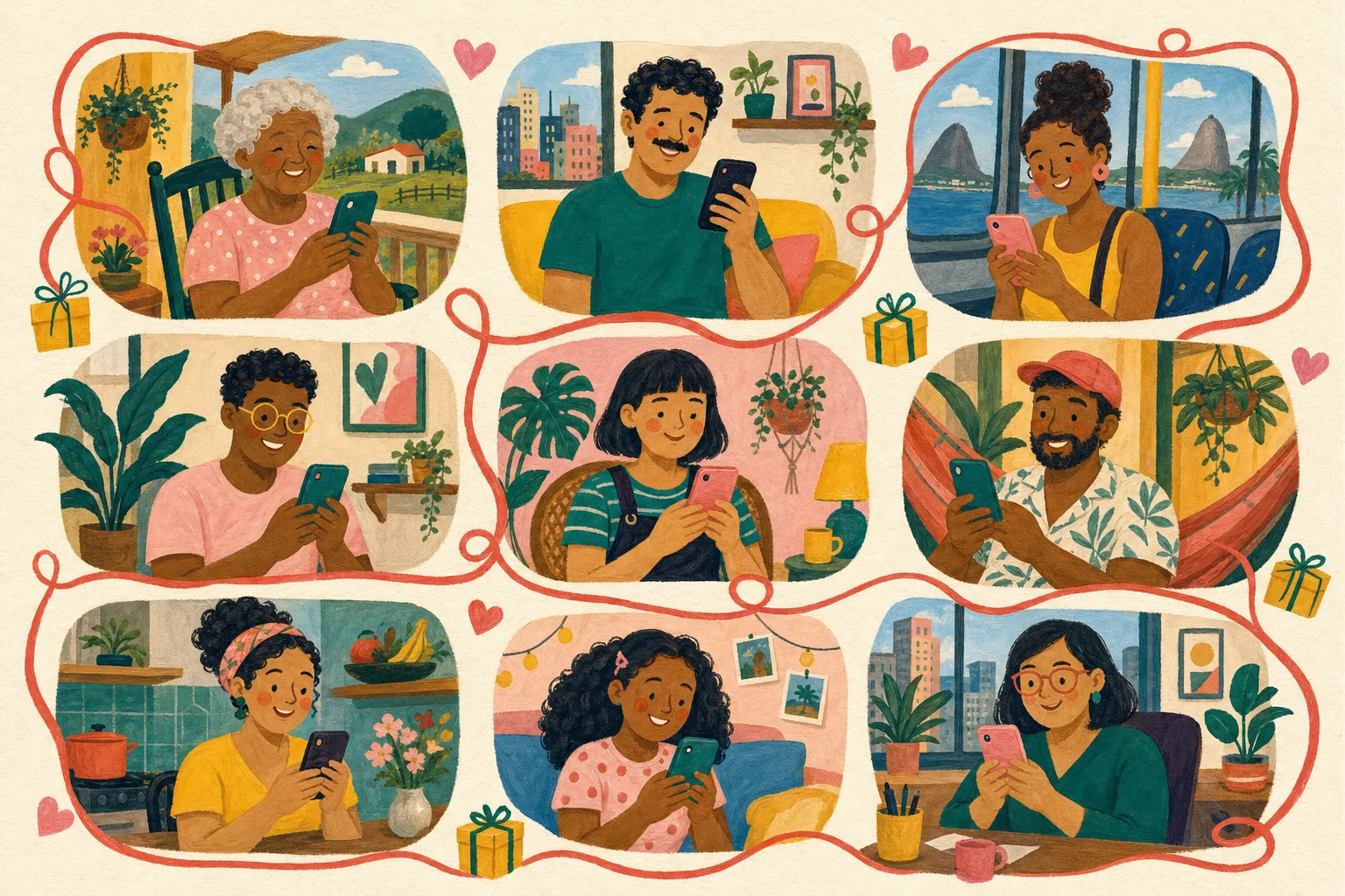 Pintura de nove parentes em casas diferentes, cada um com o celular na mão, ligados por uma fita coral