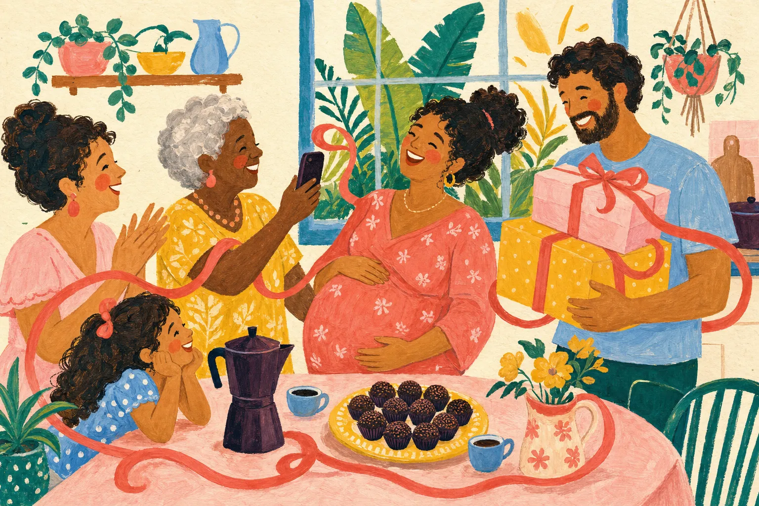 Pintura de uma família reunida no chá de bebê: a mãe grávida, a avó mostrando o celular, o pai com presentes e a filha à mesa com brigadeiros