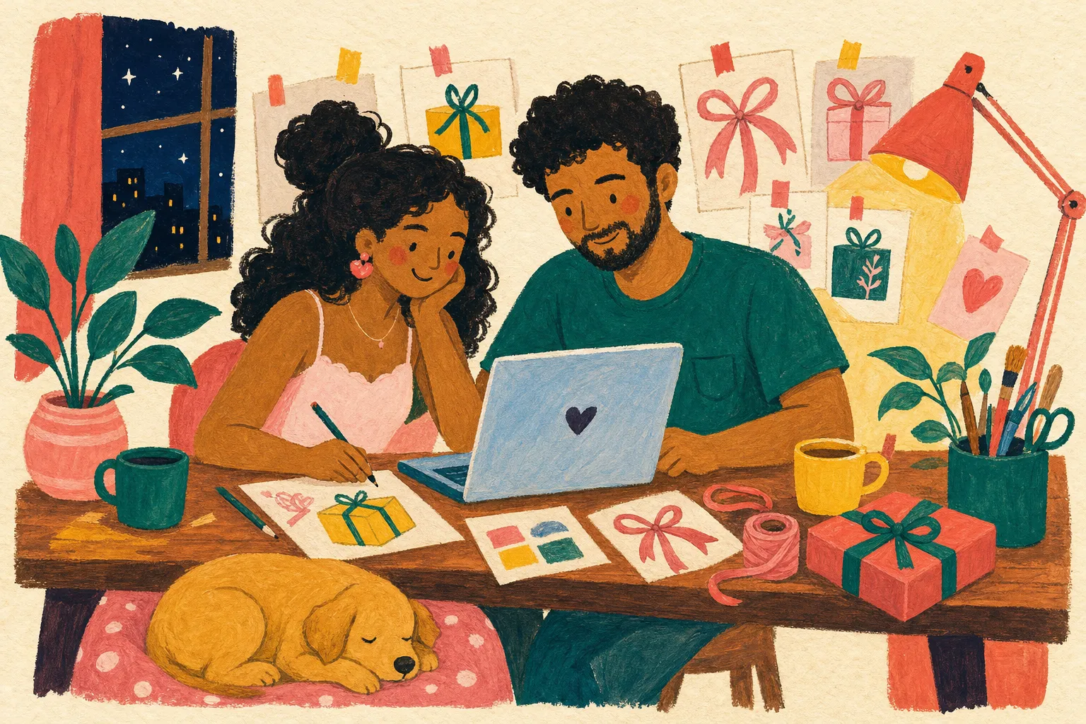 Pintura de um casal trabalhando à noite numa mesa cheia de desenhos de laços e presentes, com um cachorro dormindo aos pés