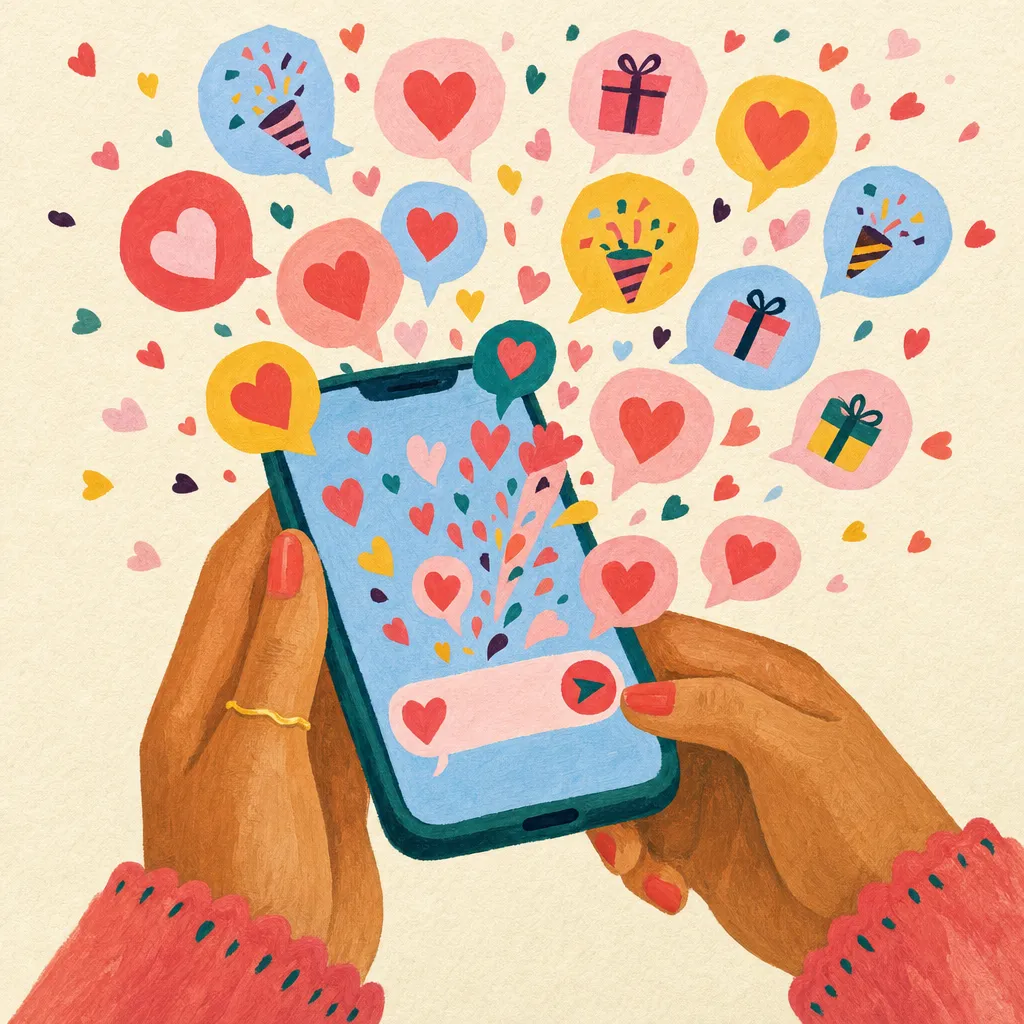 Pintura de mãos segurando um celular de onde saem balões de mensagem com corações