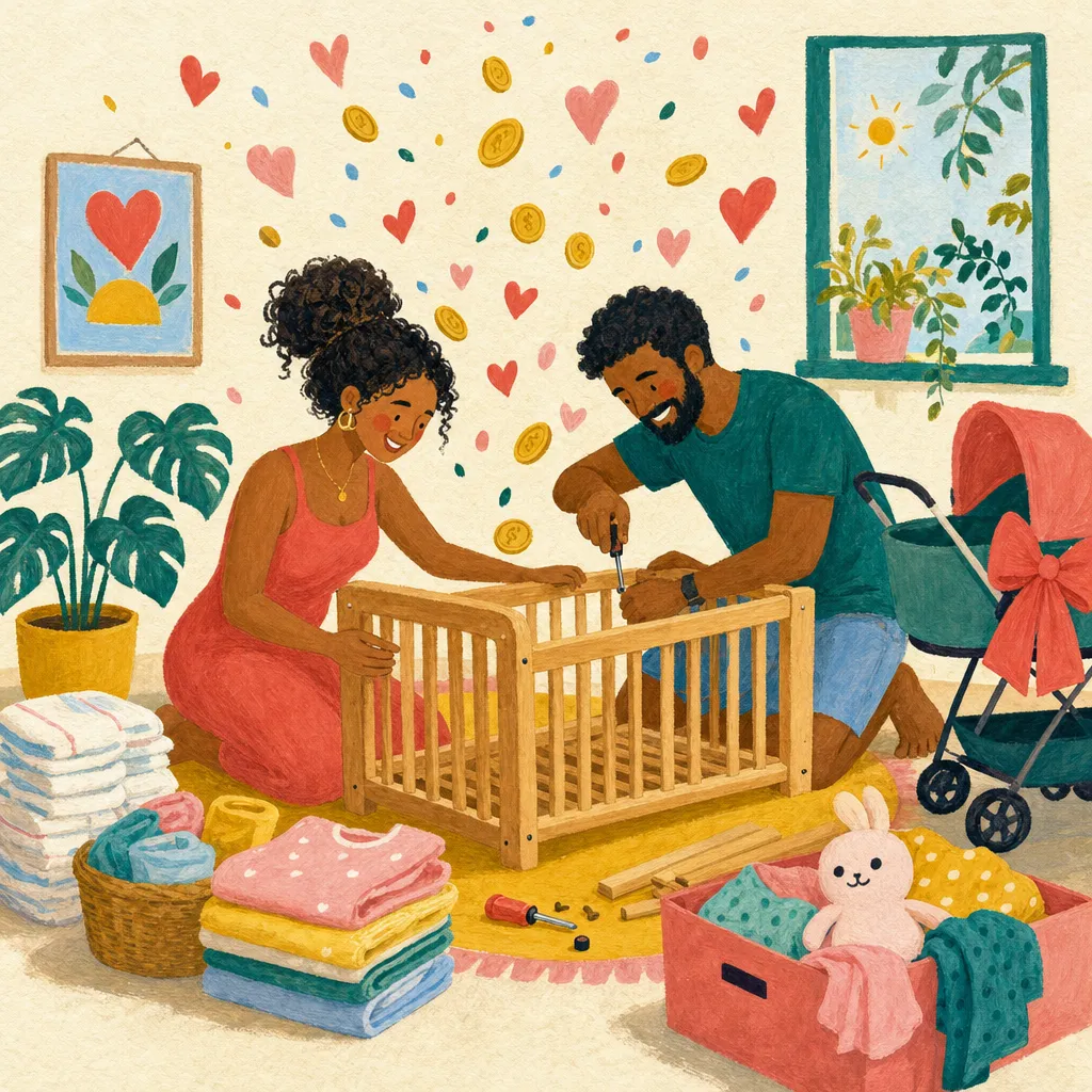 Pintura de um casal montando o berço cercado de roupinhas e fraldas