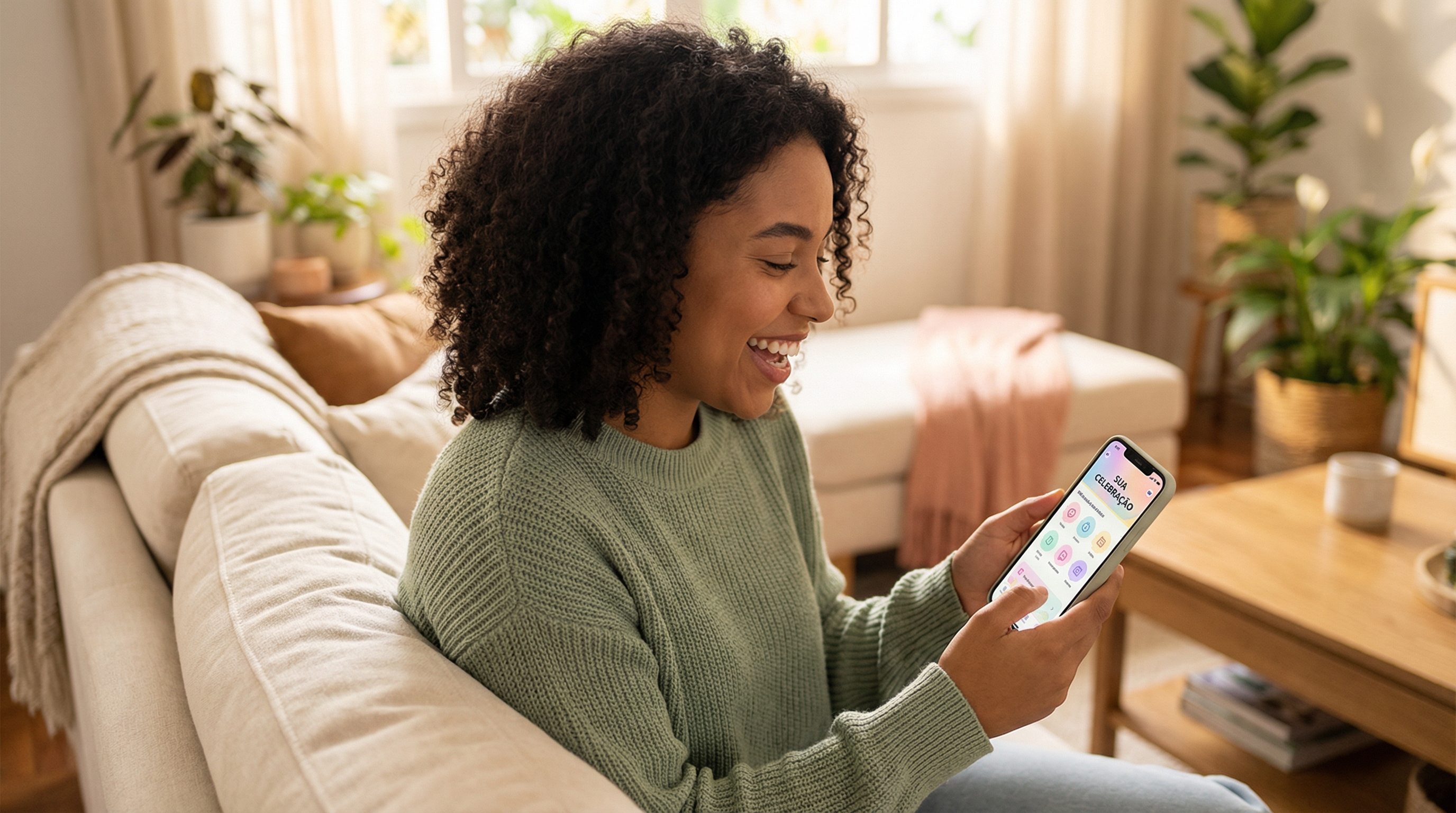 Mulher criando lista de presentes no celular para chá de bebê