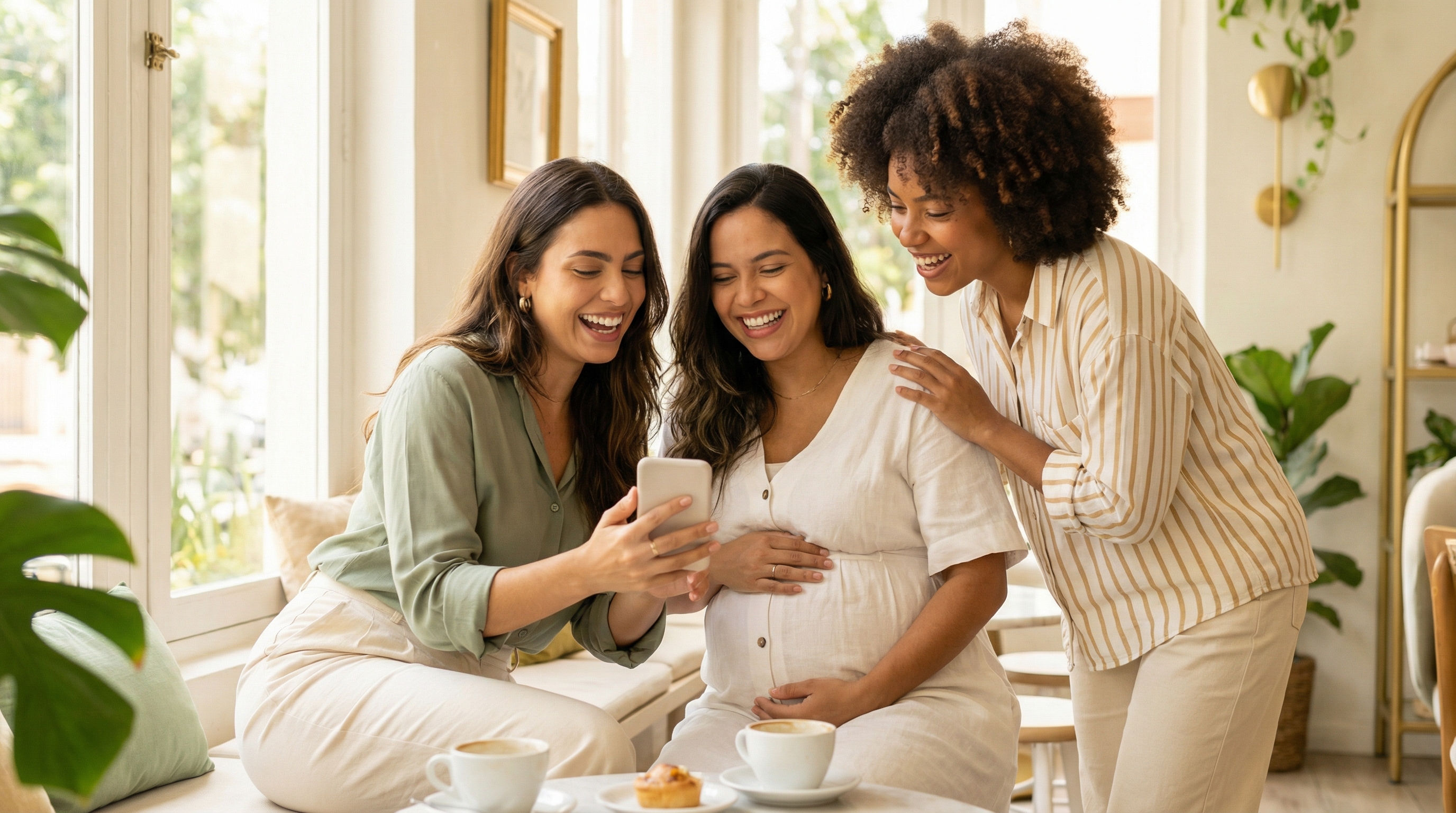 Amigas compartilhando convite de chá de bebê pelo celular