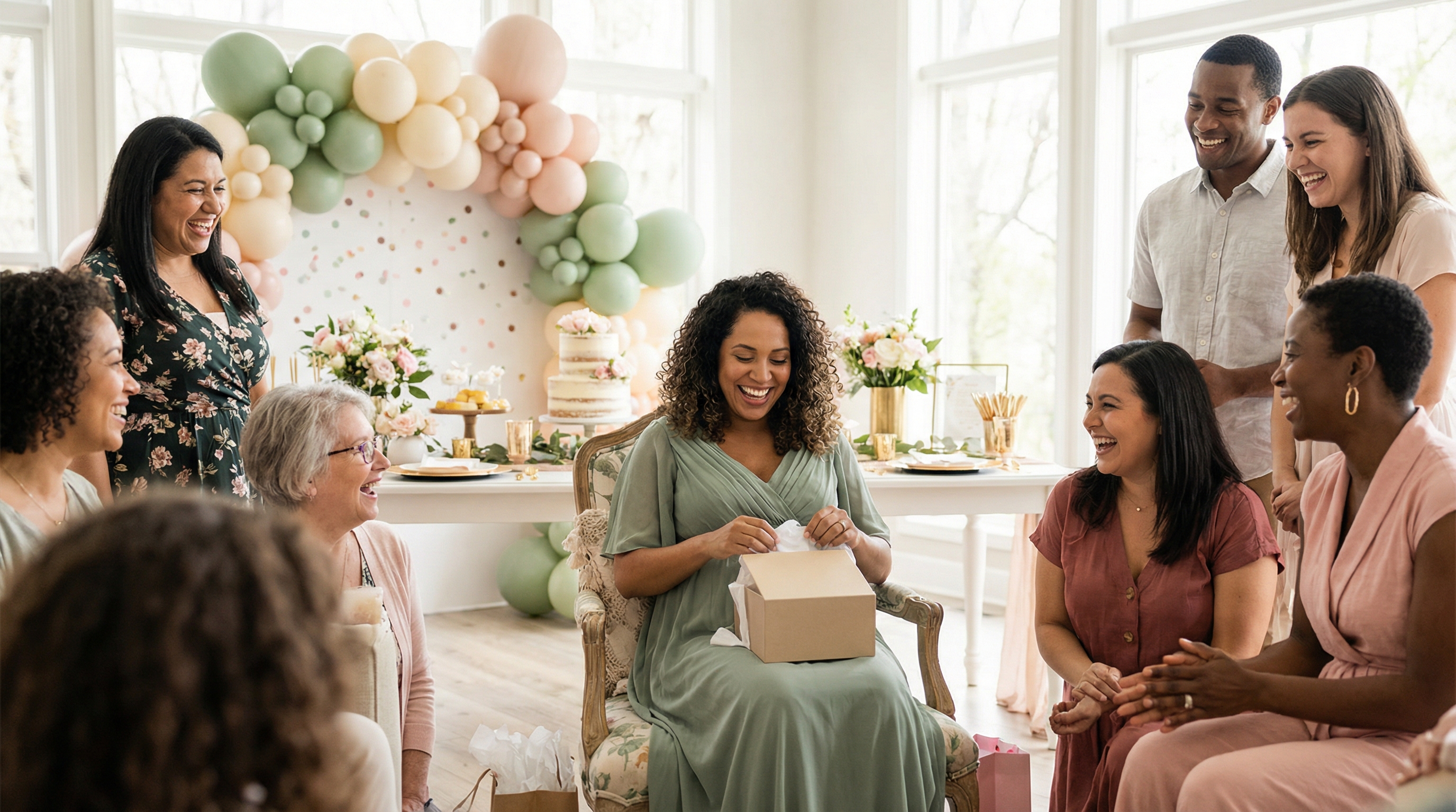 Festa de chá de bebê com família abrindo presentes