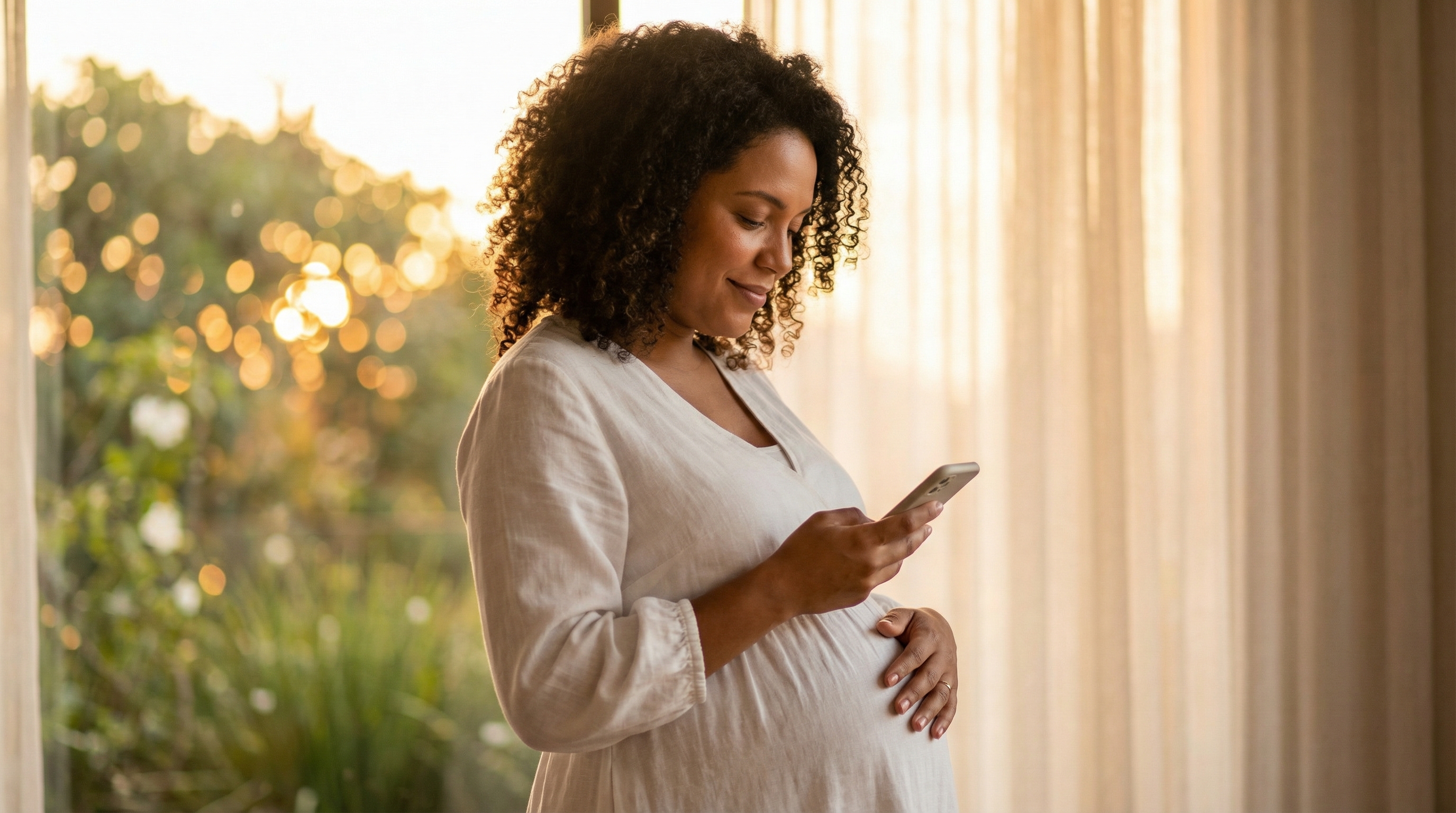Gestante feliz conferindo presentes recebidos pelo celular
